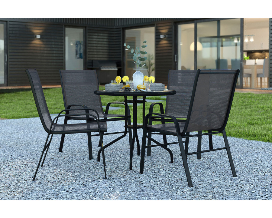 BLNK Brazos Outdoor Patio Dining Set with Round Tempered Glass Patio Table and 4 Flex Comfort Stack Chairs 5 Piece