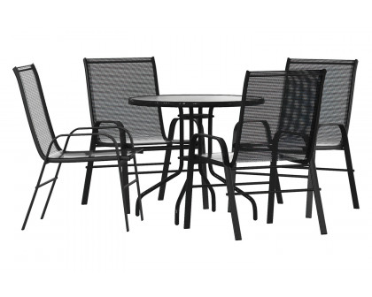 BLNK Brazos Outdoor Patio Dining Set with Round Tempered Glass Patio Table and 4 Flex Comfort Stack Chairs 5 Piece