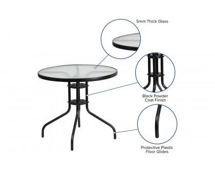 BLNK Brazos Outdoor Patio Dining Set with Round Tempered Glass Patio Table and 4 Flex Comfort Stack Chairs 5 Piece - Black