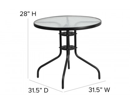 BLNK Brazos Outdoor Patio Dining Set with Round Tempered Glass Patio Table and 4 Flex Comfort Stack Chairs 5 Piece - Black