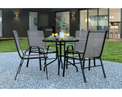 BLNK Brazos Outdoor Patio Dining Set with Round Tempered Glass Patio Table and 4 Flex Comfort Stack Chairs 5 Piece