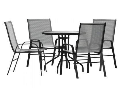 BLNK Brazos Outdoor Patio Dining Set with Round Tempered Glass Patio Table and 4 Flex Comfort Stack Chairs 5 Piece - Gray