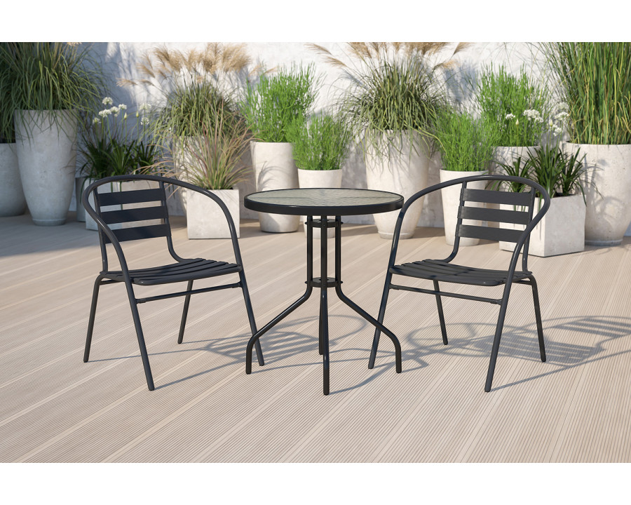 BLNK - Lila Round Table with 2 Black Metal Aluminum Slat Stack Chairs