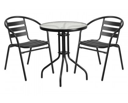 BLNK - Lila Round Table with 2 Black Metal Aluminum Slat Stack Chairs