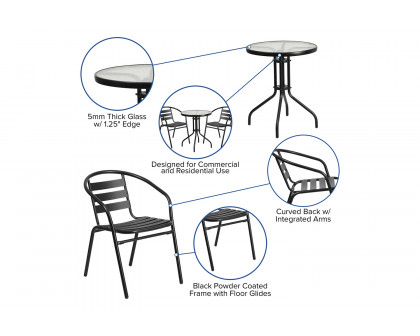 BLNK - Lila Round Table with 2 Black Metal Aluminum Slat Stack Chairs