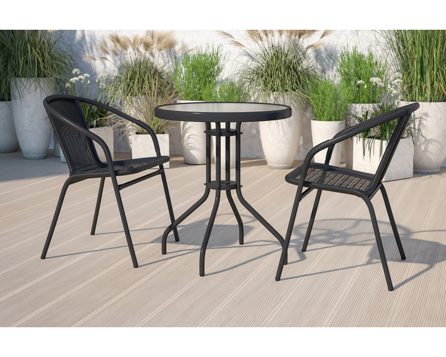 BLNK - Lila Round Table with 2 Black Rattan Stack Chairs