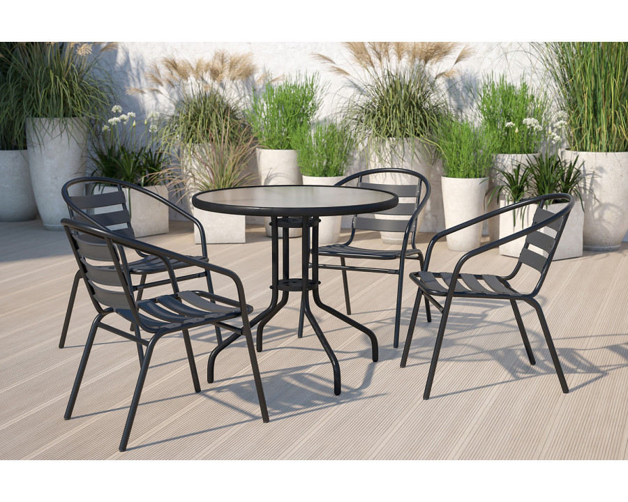 BLNK - Lila Round Table with 4 Black Metal Aluminum Slat Stack Chairs