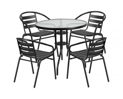 BLNK - Lila Round Table with 4 Black Metal Aluminum Slat Stack Chairs