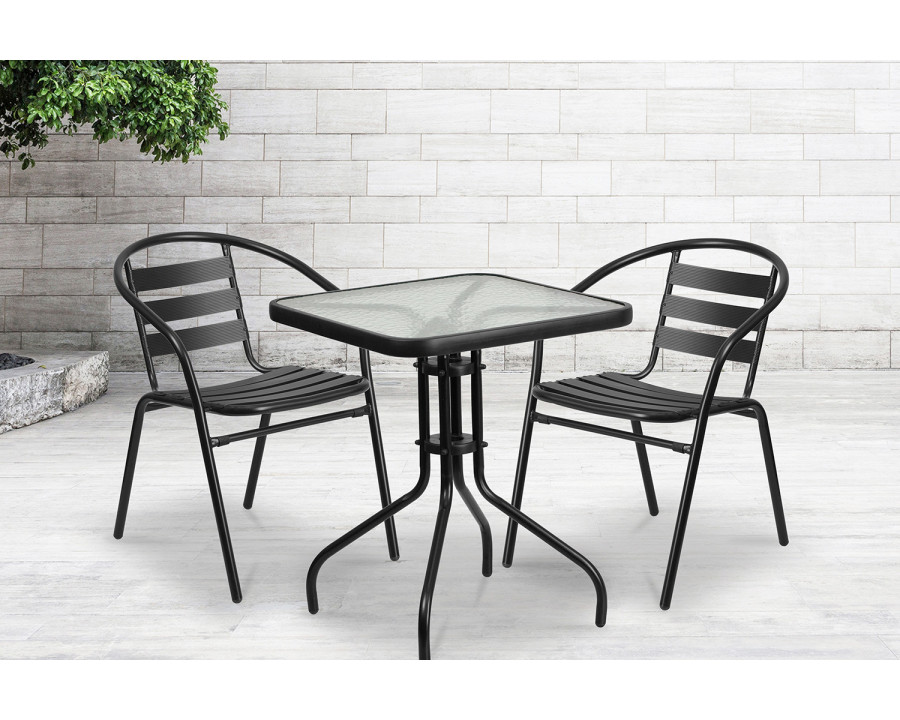 BLNK - Lila Square Table with 2 Black Metal Aluminum Slat Stack Chairs