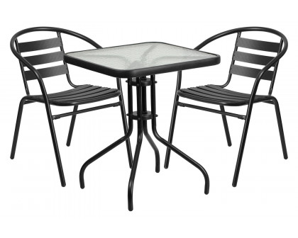 BLNK - Lila Square Table with 2 Black Metal Aluminum Slat Stack Chairs