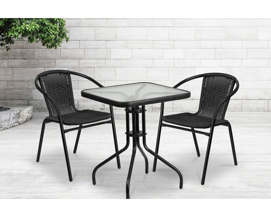 BLNK - Lila Square Table with 2 Black Rattan Stack Chairs