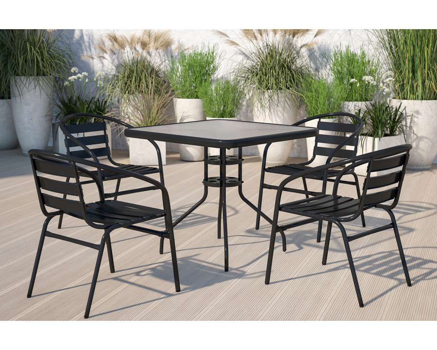 BLNK - Lila Square Table with 4 Black Metal Aluminum Slat Stack Chairs