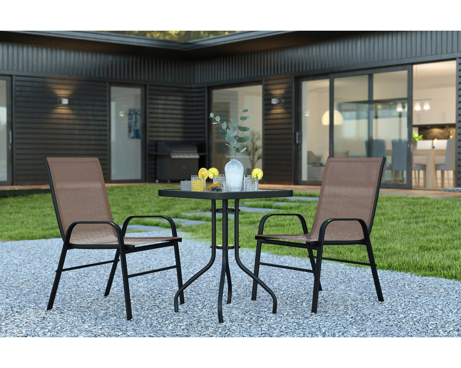 BLNK Brazos Outdoor Patio Dining Set with Square Tempered Glass Patio Table and 2 Flex Comfort Stack Chairs 3 Piece - Brown