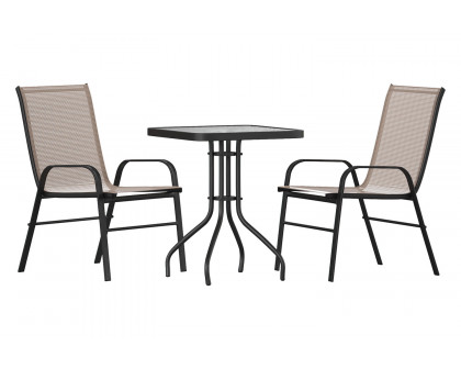 BLNK Brazos Outdoor Patio Dining Set with Square Tempered Glass Patio Table and 2 Flex Comfort Stack Chairs 3 Piece - Brown