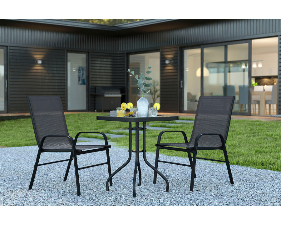 BLNK Brazos Outdoor Patio Dining Set with Square Tempered Glass Patio Table and 2 Flex Comfort Stack Chairs 3 Piece