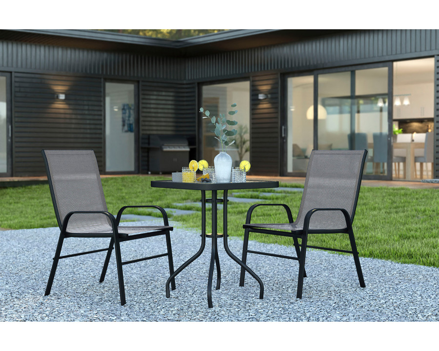 BLNK Brazos Outdoor Patio Dining Set with Square Tempered Glass Patio Table and 2 Flex Comfort Stack Chairs 3 Piece - Gray