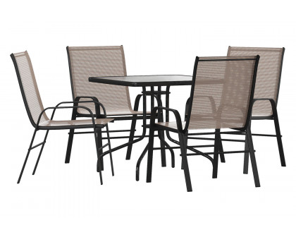 BLNK Brazos Outdoor Patio Dining Set with Square Tempered Glass Patio Table and 4 Flex Comfort Stack Chairs 5 Piece - Brown