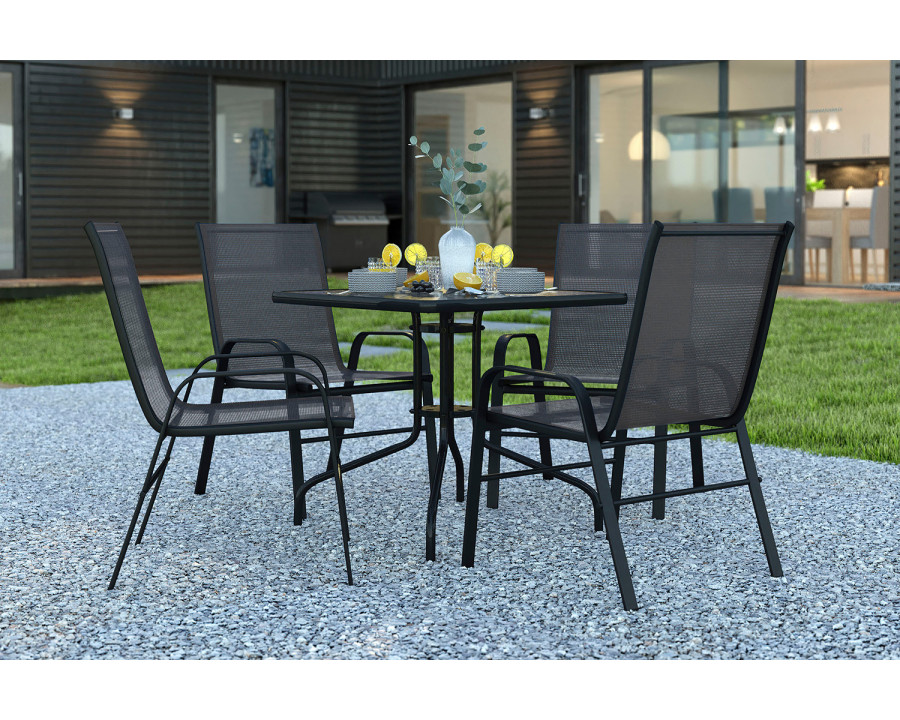 BLNK Brazos Outdoor Patio Dining Set with Square Tempered Glass Patio Table and 4 Flex Comfort Stack Chairs 5 Piece