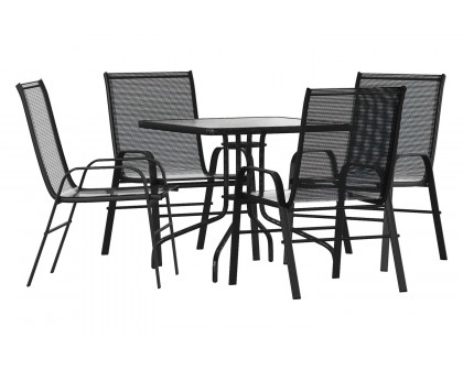 BLNK Brazos Outdoor Patio Dining Set with Square Tempered Glass Patio Table and 4 Flex Comfort Stack Chairs 5 Piece