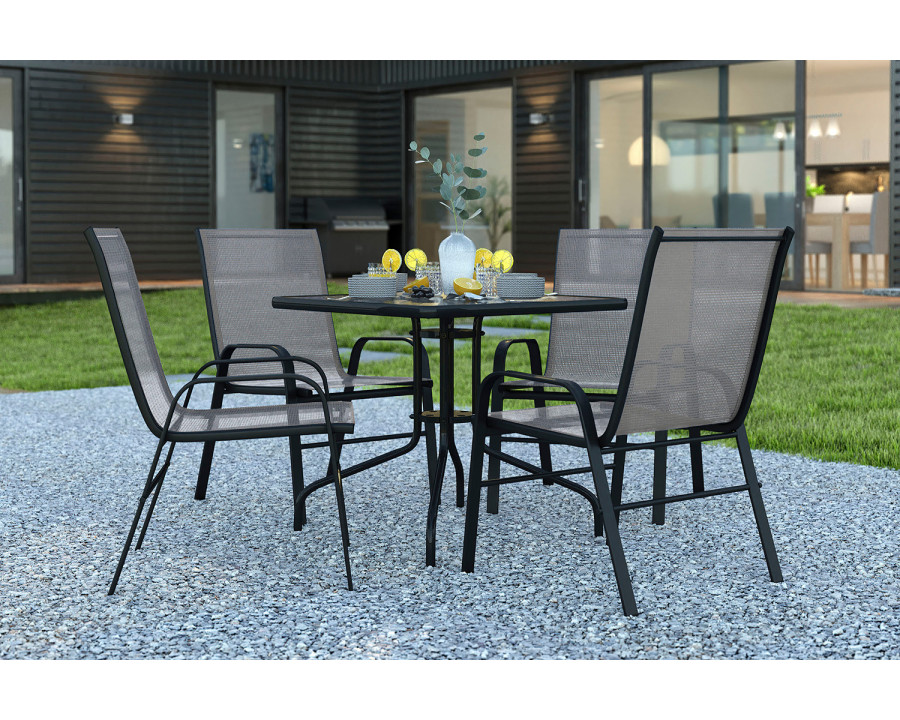 BLNK Brazos Outdoor Patio Dining Set with Square Tempered Glass Patio Table and 4 Flex Comfort Stack Chairs 5 Piece - Gray