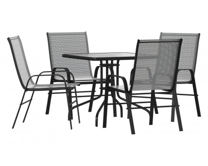 BLNK Brazos Outdoor Patio Dining Set with Square Tempered Glass Patio Table and 4 Flex Comfort Stack Chairs 5 Piece - Gray