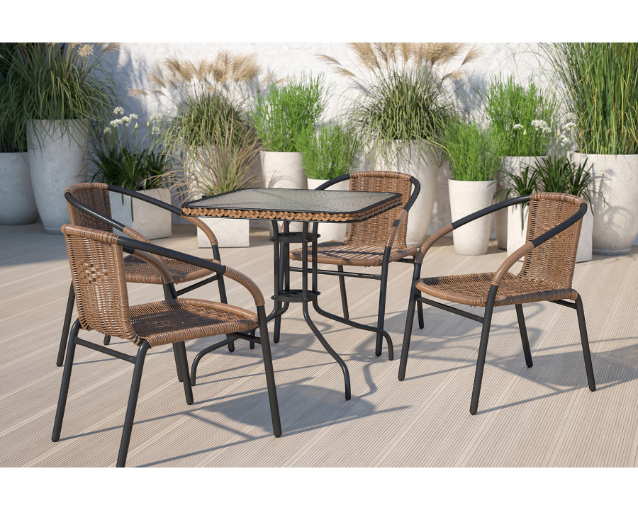 BLNK Square Metal Tempered Glass Table with Rattan Edging - Dark Brown