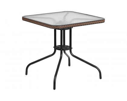 BLNK Square Metal Tempered Glass Table with Rattan Edging - Dark Brown