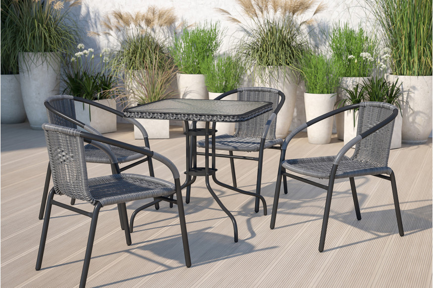 BLNK™ Square Metal Tempered Glass Table with Rattan Edging - Gray