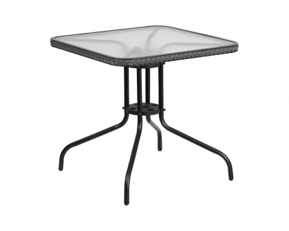 BLNK™ Square Metal Tempered Glass Table with Rattan Edging - Gray