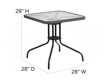 BLNK™ Square Metal Tempered Glass Table with Rattan Edging - Gray