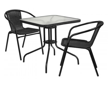 BLNK Lila Square Table with Rattan Edging and 2 Rattan Stack Chairs - Black