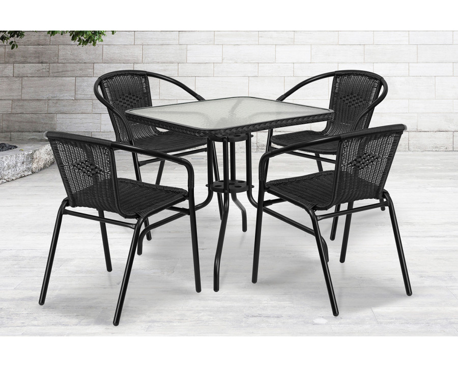 BLNK Lila Square Table with Rattan Edging and 4 Rattan Stack Chairs