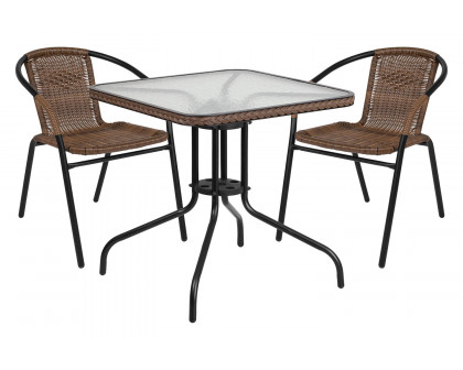 BLNK Lila Square Table with Rattan Edging and 2 Rattan Stack Chairs