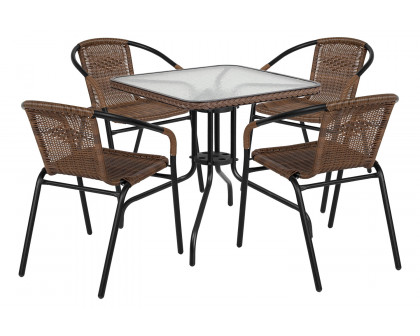 BLNK Lila Square Table with Rattan Edging and 4 Rattan Stack Chairs - Dark Brown