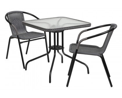 BLNK Lila Square Table with Rattan Edging and 2 Rattan Stack Chairs - Gray