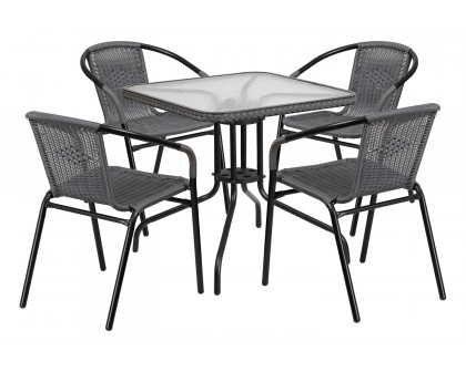 BLNK Lila Square Table with Rattan Edging and 4 Rattan Stack Chairs - Gray