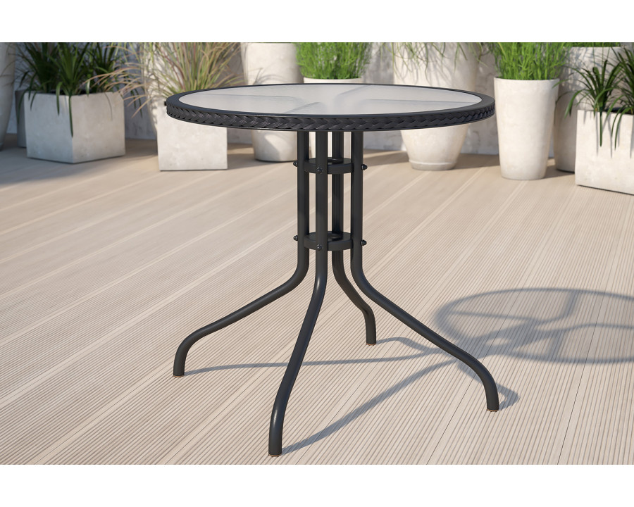 BLNK Round Metal Tempered Glass Table with Rattan Edging - Black