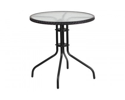 BLNK Round Metal Tempered Glass Table with Rattan Edging - Black