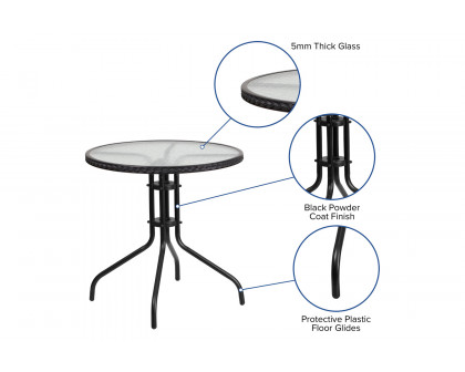 BLNK Round Metal Tempered Glass Table with Rattan Edging - Black