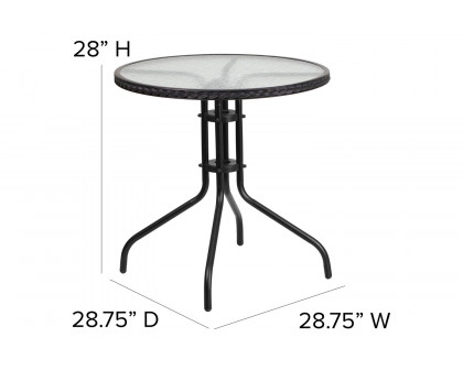 BLNK Round Metal Tempered Glass Table with Rattan Edging - Black