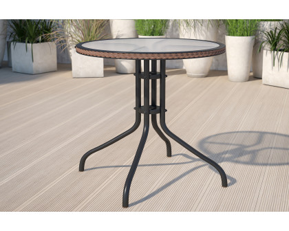 BLNK Round Metal Tempered Glass Table with Rattan Edging