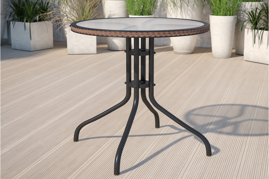 BLNK™ Round Metal Tempered Glass Table with Rattan Edging - Dark Brown