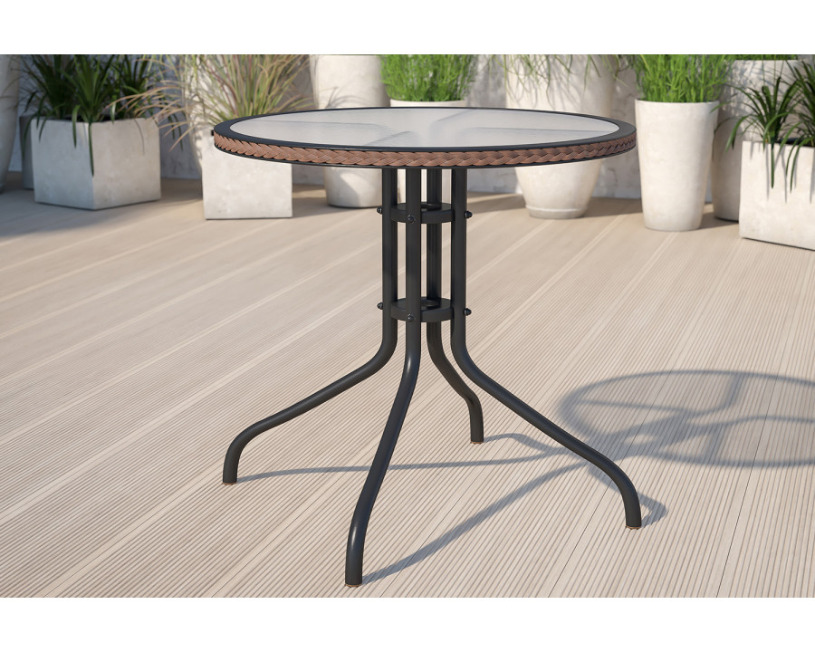 BLNK Round Metal Tempered Glass Table with Rattan Edging - Dark Brown