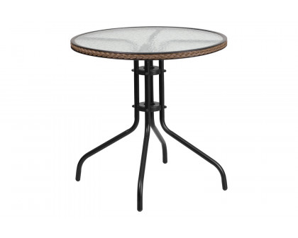 BLNK™ Round Metal Tempered Glass Table with Rattan Edging - Dark Brown