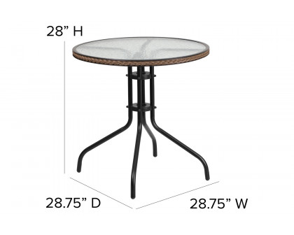 BLNK™ Round Metal Tempered Glass Table with Rattan Edging - Dark Brown