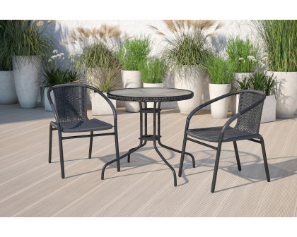 BLNK Lila Round Table with Rattan Edging and 2 Rattan Stack Chairs