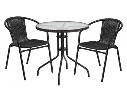 BLNK Lila Round Table with Rattan Edging and 2 Rattan Stack Chairs - Black