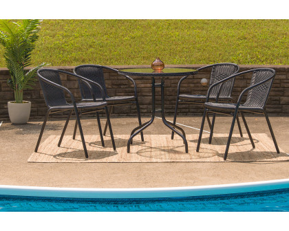 BLNK Lila Round Table with Rattan Edging and 4 Rattan Stack Chairs