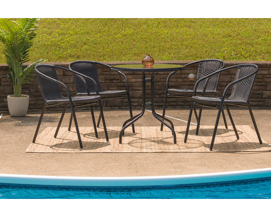 BLNK Lila Round Table with Rattan Edging and 4 Rattan Stack Chairs - Black