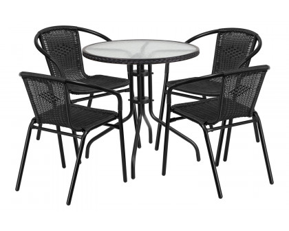 BLNK Lila Round Table with Rattan Edging and 4 Rattan Stack Chairs - Black